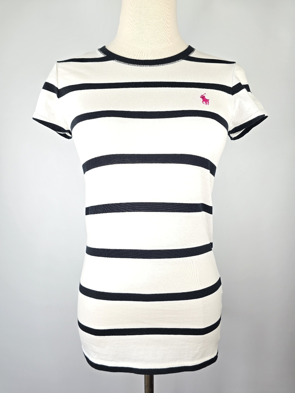 Ralph Lauren Sport Black & White Stripe Tee Pink Pony Logo Size M (runs Small)